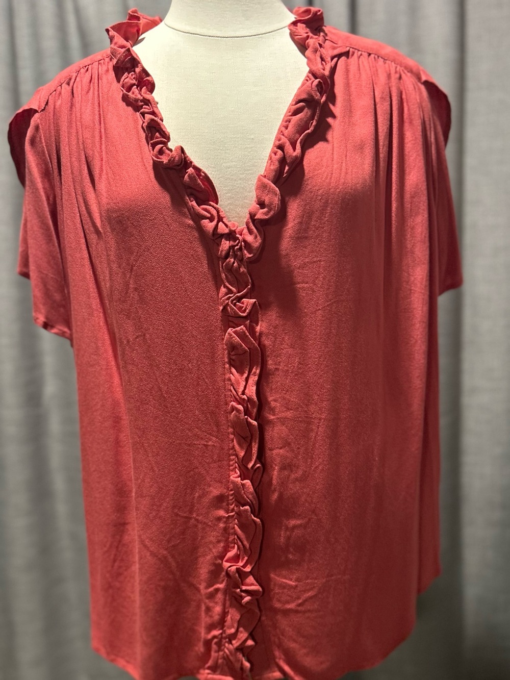 Cupio Coral Ruffle-Front V-Neck Blouse